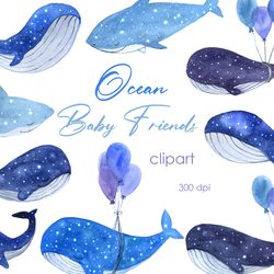Watercolor clipart. Whale clipart. Baby shark digital paper. DIGITAL CLIPART with blue little whales and sharks.