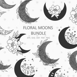 Floral Moon SVG bundle Boho svg Moon Phase celestial clipart Crescent moon svg Peony Daisy Poppy Line drawing Svg for cr