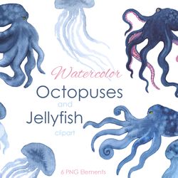 Watercolor clipart. Octopus and Jellyfish clipart. Unique postcards, t-shirts, scrapbooking, bags, poster, cups. wedding