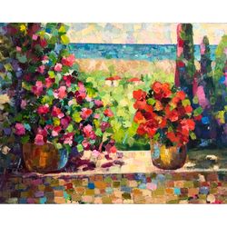 Tuscany Painting Tuscan Landscape Original Oil Stretched Canvas Flower Wall Art Mosaic Style