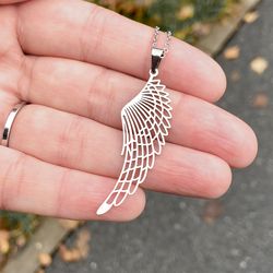 angel wings necklace, stainless steel feather pendant