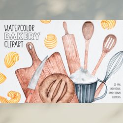 Watercolor Baking Clipart / Bakery Clipart / Hand Painted Kitchen Utensils / Cooking Clipart / PNG