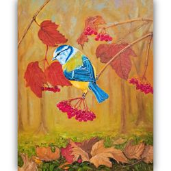 Chickadee Painting Oil Bird Original Art Autumn Landscape Painting Chickadee On Branch Artwork Autumn Tree Wall Art