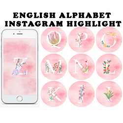 26  english alphabet instagram highlight covers.  pink letters social media icons. instagram highlight story