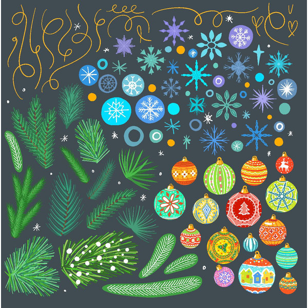 Snowflakes-toys-illustration-fir trees-winter