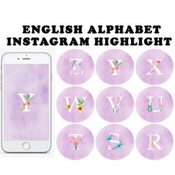 26  english alphabet instagram highlight covers.  Purple letters social media icons. Instagram highlight story