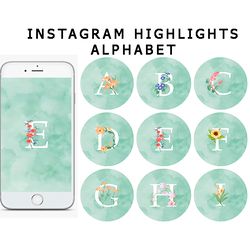 26  english alphabet instagram highlight covers.  Green letters social media icons. Instagram highlight story