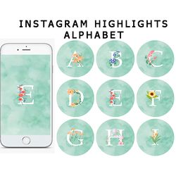 26  english alphabet instagram highlight covers.  green letters social media icons. instagram highlight story