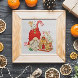 Gnome with a gingerbread house, Cross stitch pattern, Gnome cross stitch, Christmas cross stitch