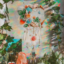 strawberry fields forever mermaid suncatcher - bohemian wall hanging with shells and crystals