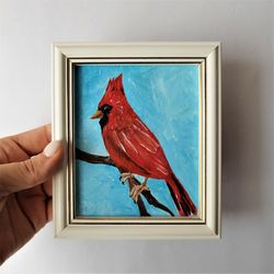 Bird red cardinal wall art impasto, Bird painting for sale small wall decor, Red cardinal little bird framed