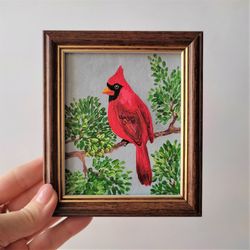 Red cardinal wall art impasto, Little bird painting, Small wall decor, Bird painting for sale