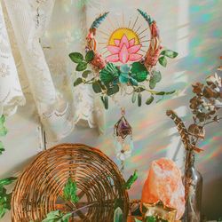 lotus mermaid suncatcher - bohemian wall hanging with shells and crystals