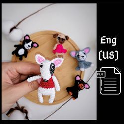 PDF Crochet Dogs Brooches SET Pattern: Bull Terrier , Pug, Siberian Husky, Pinscher, Bulldog