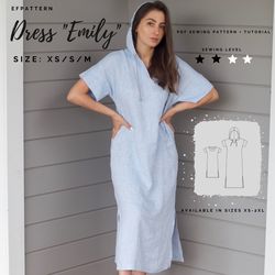 Hoodie dress sewing pattern, PDF Digital Pattern Sizes XS, S and M