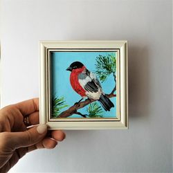 Little bird painting, Bird pictures wall decor, Bullfinch painting very small wall art