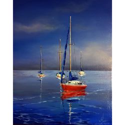 Yacht painting Original oil painting red yacht Oil Painting morning in the bay 16x12 inches Original ART Wall art