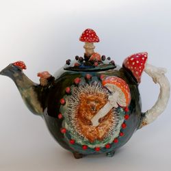 Art teapot Cute hedgehog figurine Mushrooms amanita muscaria decor Beautiful handmade teapot Ceramic sculpture mom gift