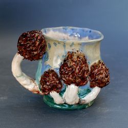 Beautiful ceramic art mug Mushroom figurines Colorful Green blue mug Morel figurine Handmade mug Coffee tea cup