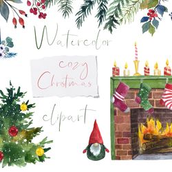 Watercolor cozy christmas postcard. Winter santa collection illustartions. Winter Postcard art. Christmas tree png