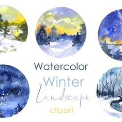 Watercolor digital winter landscape painting. Holiday jpeg. Watercolor winter clipart. Winter landscapes for your design
