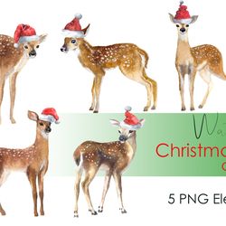 Watercolor christmas clipart. Woodland animal deer clipart. Hand drawn cute clipart forest themed with baby deers
