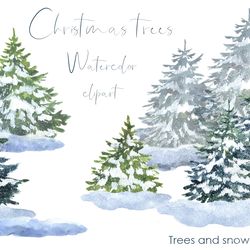 Watercolor clipart. Winter trees. Winter collection of watercolor trees and snow. Christmas greeting cards. postcards