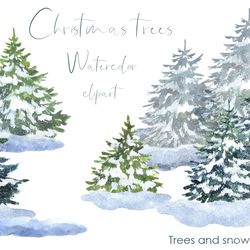watercolor clipart. winter trees. winter collection of watercolor trees and snow. christmas greeting cards. postcards