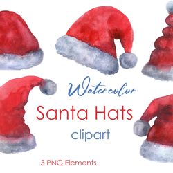 Watercolor-holiday-christmas-clipart-Santa-art-hat-png-Hand drawn cute clipart christmas-themed-with-santa-hats