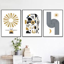 mid centure print set of 3 prints abstract poster yellow black wall art instant download modern pictures large triptych