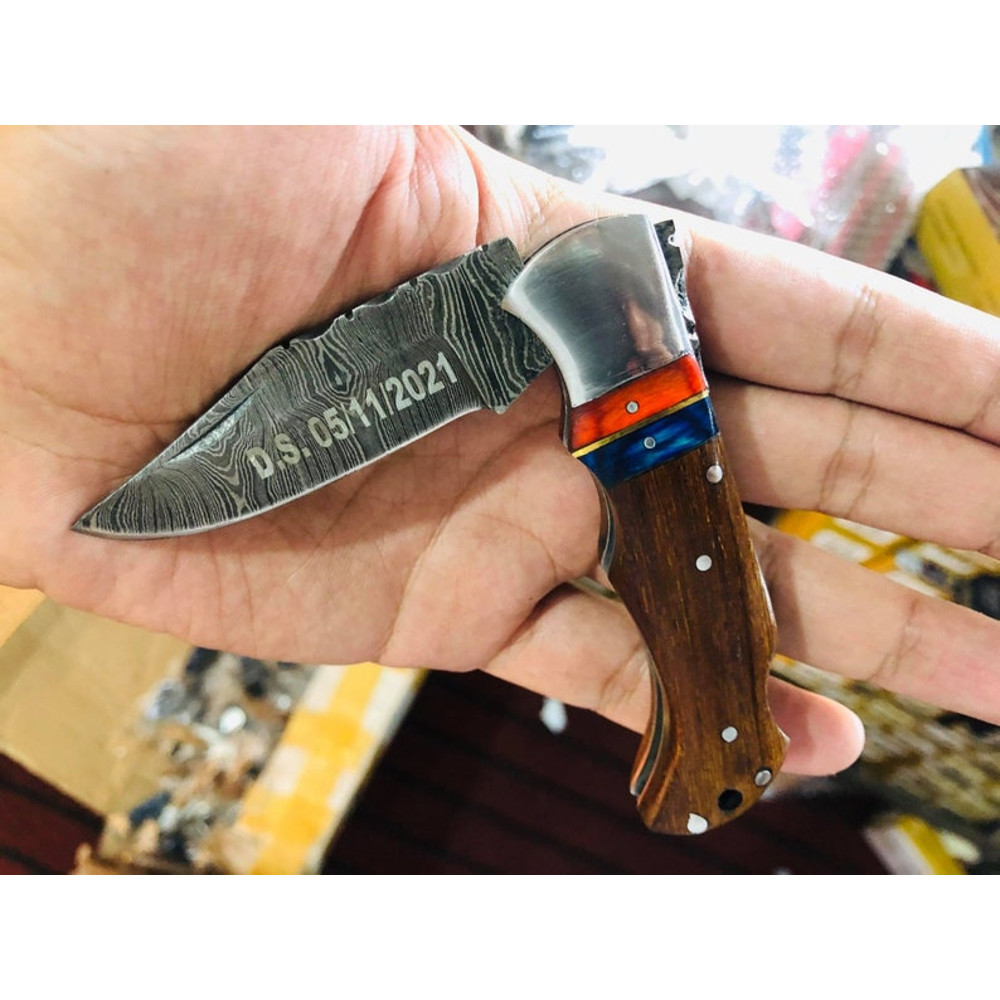 Handmade Damascus Pocket Knife Rose Wood Handle Birthday Gift Folding Knife Groomsmen Gift Anniversary Wedding Personalized Gift for Men (1).jpg