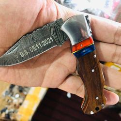 handmade pocket knife, handmade damascus pocket knife rose wood handle birthday gift folding knife groomsmen gift