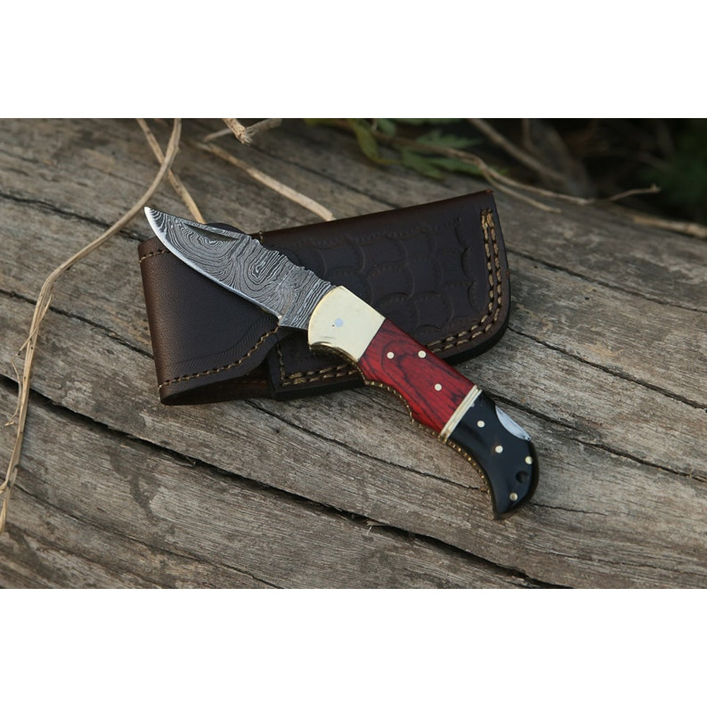 Handmade Damascus Pocket Knife Rose Wood Handle Birthday Gift Folding Knife Groomsmen Gift Anniversary Wedding Personalized Gift for Men (2).jpg