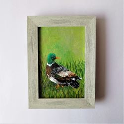 Duck little bird painting, Small wall decor, Farm birds acrylic painting on canvas art impasto