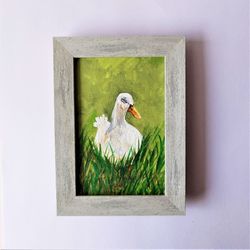 Bird pictures wall decor, White duck bird wall art framed, Small wall decor impasto painting