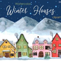 Watercolor-Holiday-Clipart-Christmas-village-clipart-png-cute-clipart-christmas-themed-with-houses-christmas-trees