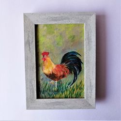 Rooster bird painting small wall decor, Orange bird painting art impasto, Bird painting wall artwork