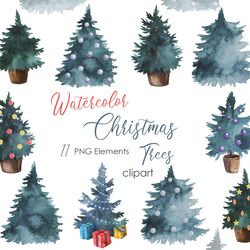 Watercolor Christmas Tree Collection Clipart. Tree clipart