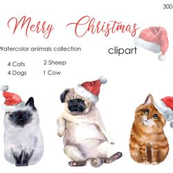 Christmas watercolor Clipart. Christmas animals png. Hand drawn cute clipart christmas-themed
