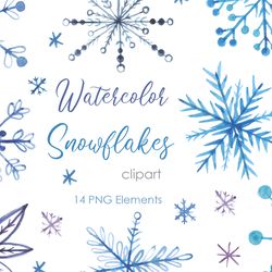 Snow White Clipart. Watercolor Snowflake clipart. Watercolor hand drawn winter clipart christmas-themed with blue png