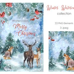 Watercolor Clipart. Watercolor Cute winter collection. Watercolor hand drawn cute winter-themed.