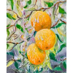 orange fruit painting, fruit tree oil painting, oranges on a branch  painting, green plant wall decoration