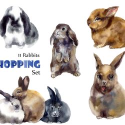 Watercolor Easter Clipart. Digital clipart. Bunny art. Hand drawn cute clipart with rabbits on a transparent background