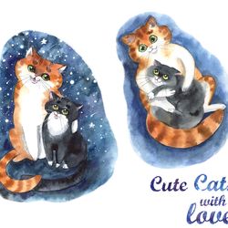watercolor clipart. cat clipart. hand drawn illustartion. hand drawn funny clipart cats on a transparent background