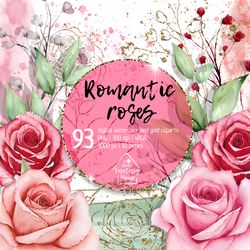 Romantic watercolor roses digital cliparts wedding Valentine's day set