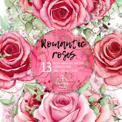 Romantic watercolor roses digital compositions cliparts wedding Valentine's day set