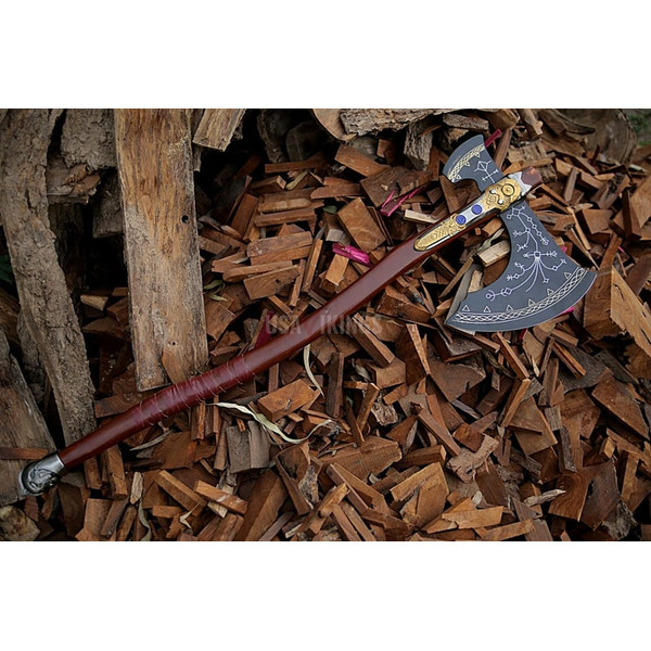 God of war - Kratos Leviathan Axe, carbon steel tomahawk gift, Scandinavian axe, axe, Norse axe, Celtic axe, battle axe, gift for him (6).jpg