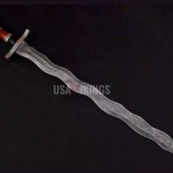 kris sword, damascus sword, engraved custom medieval real viking sword with leather sheath, gift for her,