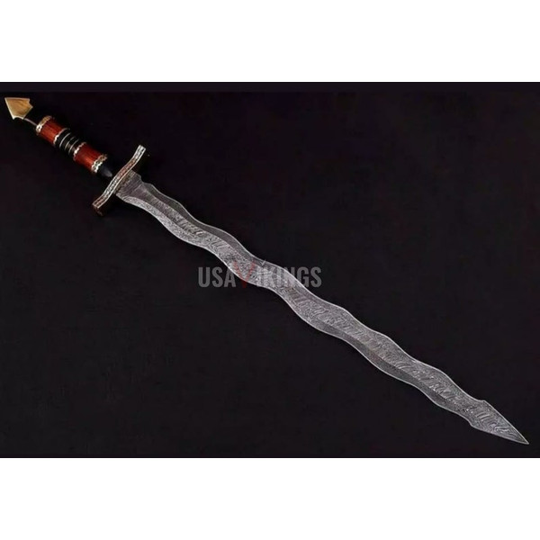 KRIS SWORD, DAMASCUS Sword, Engraved Custom Medieval Real Viking Sword With Leather Sheath (2).jpg