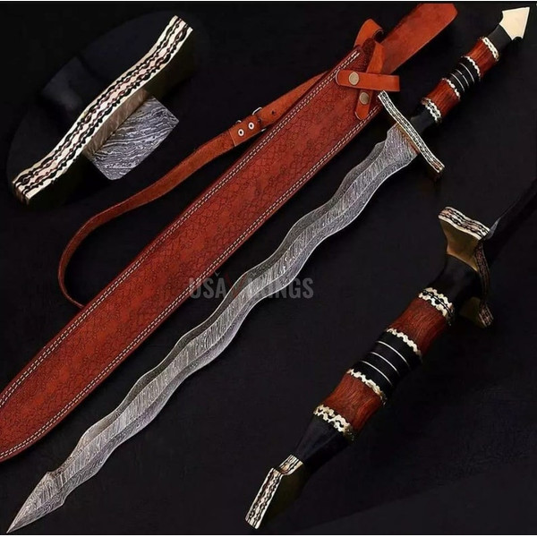 KRIS SWORD, DAMASCUS Sword, Engraved Custom Medieval Real Viking Sword With Leather Sheath (3).jpg